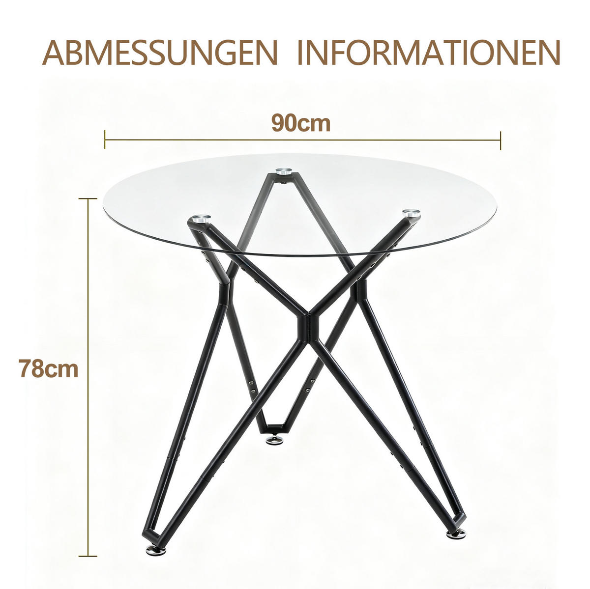 ESSTISCH 90/90/78 cm aus gehärtetem Glas mit Metallgestell und verstellbaren Füßen, Schwarz - Schwarz, Glas (90/90/78cm) - Redom