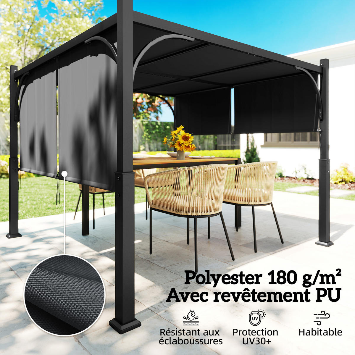PERGOLA DE-12732 300/300 cm mit Schiebedach UV30+ Dunkelgrau - Dunkelgrau, Metall (300/228/300cm) - ComfortXL