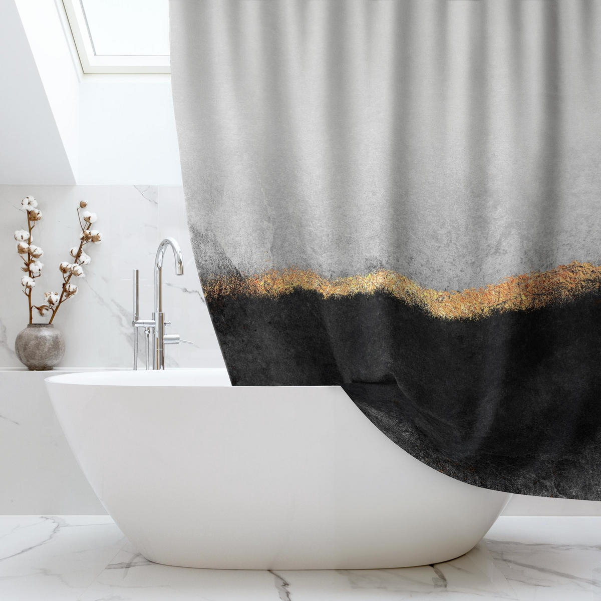 DUSCHVORHANG Abstrakter Goldener Horizont Schwarz Weiß 180/180 cm - Schwarz, Textil (180/180cm) - Bilderwelten