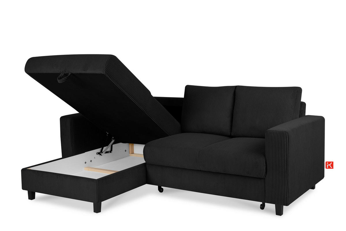 ECKSCHLAFSOFA EGRET Links mit Bettkasten, Cord-Stoff, schwarz - Schwarz, Textil (234/90cm) - KONSIMO®