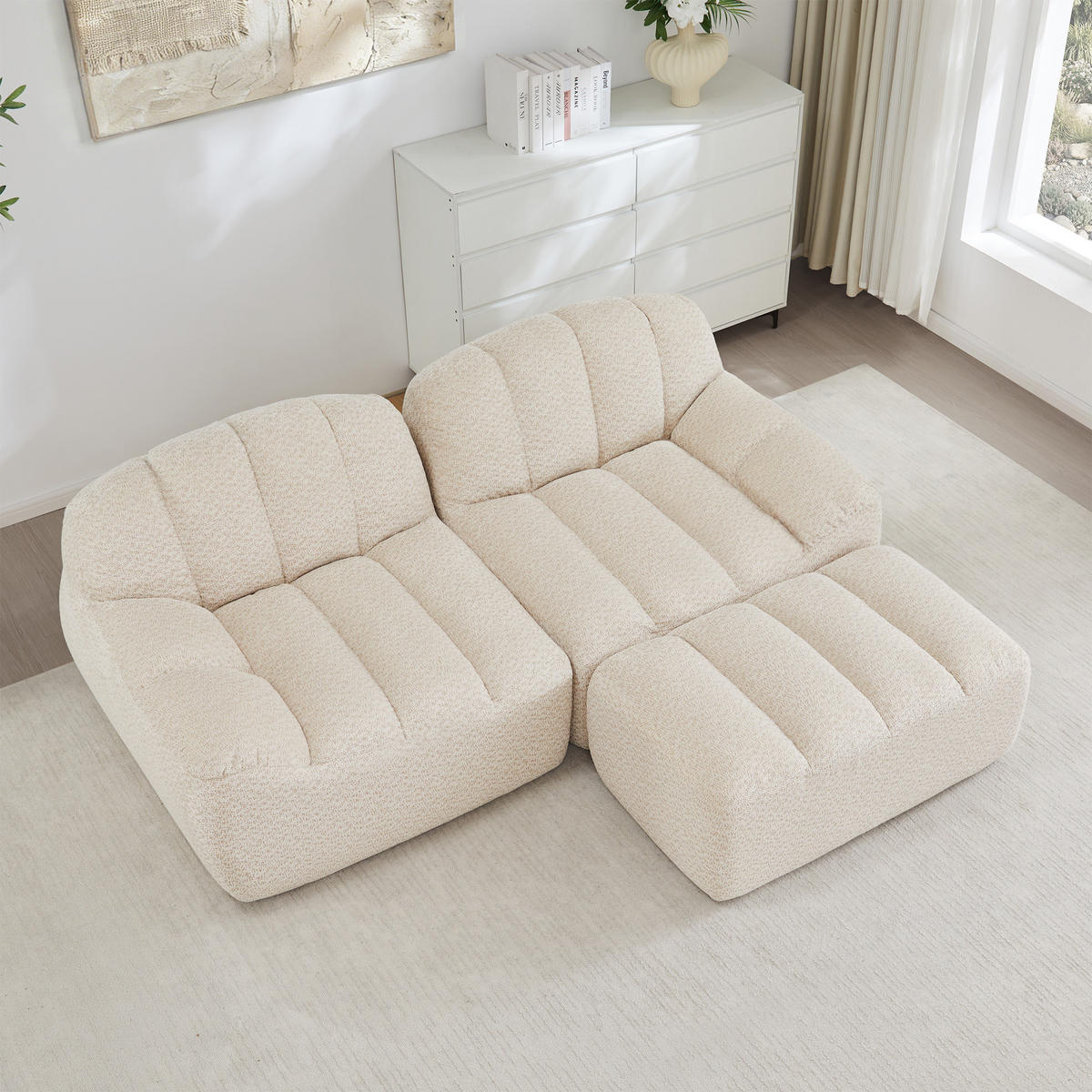 ECKSOFA 210×165×79 cm Granular Fleece rahmenlos modular mit Ottoman,weiß - Weiß, Textil (165/210cm) - Luhomfu