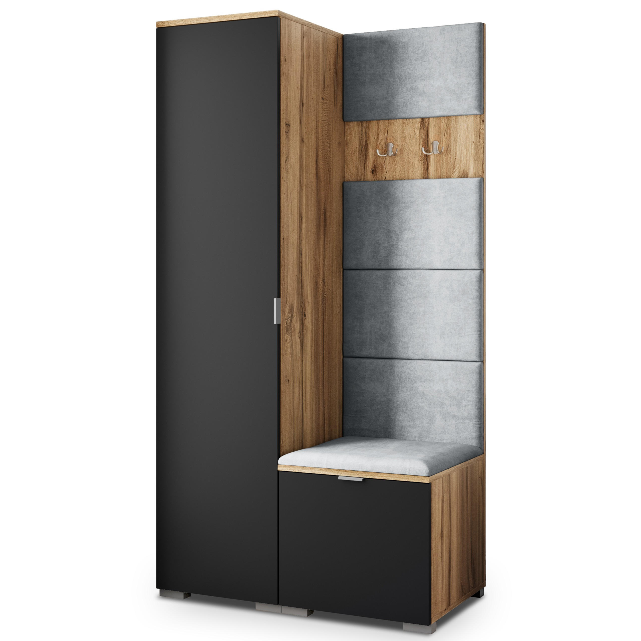 Masseno Garderobenschrank Eiche Wotan, Schwarz, Hellgrau 95x181x51 cm