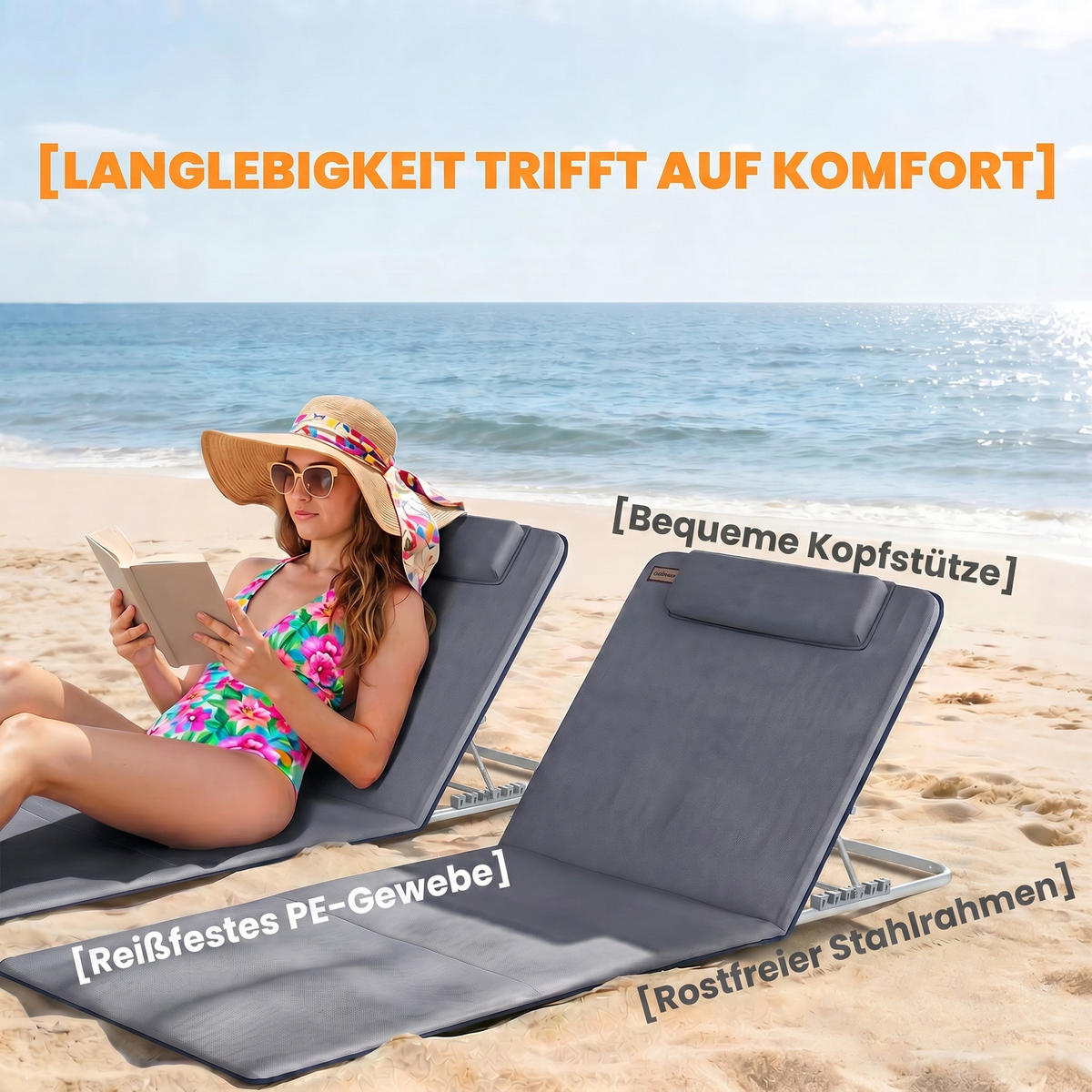 HÖHENVERSTELLBARE STRANDLIEGE, 134 x 48 x 33-43 cm, Stahl, Grau - Grau, Kunststoff (48/43/134cm) - Outsunny