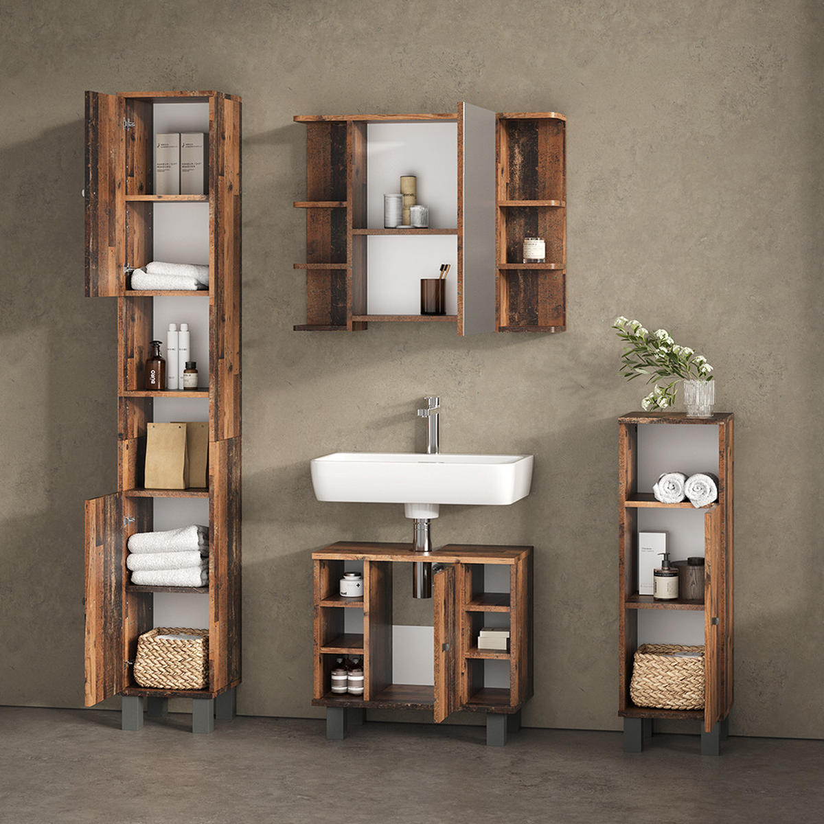 BADMÖBEL-SET Fucino Eiche rustikal 4 Teile - Wildeiche, Holzwerkstoff (60/54/32cm) - Livinity®