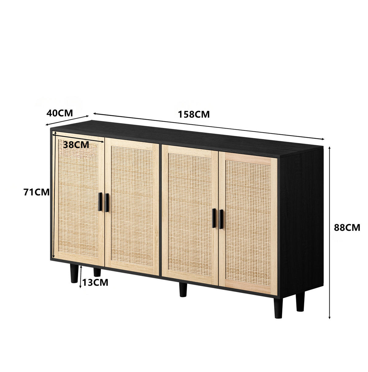 SIDEBOARD 158/40/88 cm mit 4 Rattantüren in Schwarz & viel Stauraum - Schwarz, Holzwerkstoff (158/88/40cm) - BEAOK