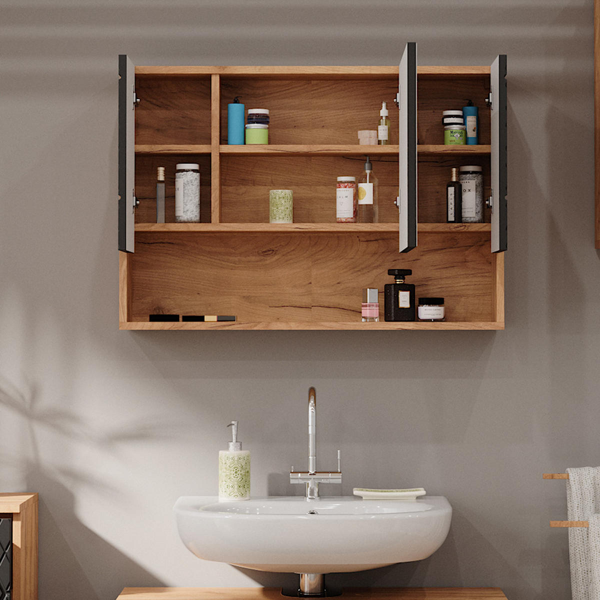 BADSPIEGELSCHRANK Irma Goldkraft Eiche 80.1 x 55 cm - Anthrazit/Eiche Wotan, Holzwerkstoff (80.1/55/17cm) - Vicco