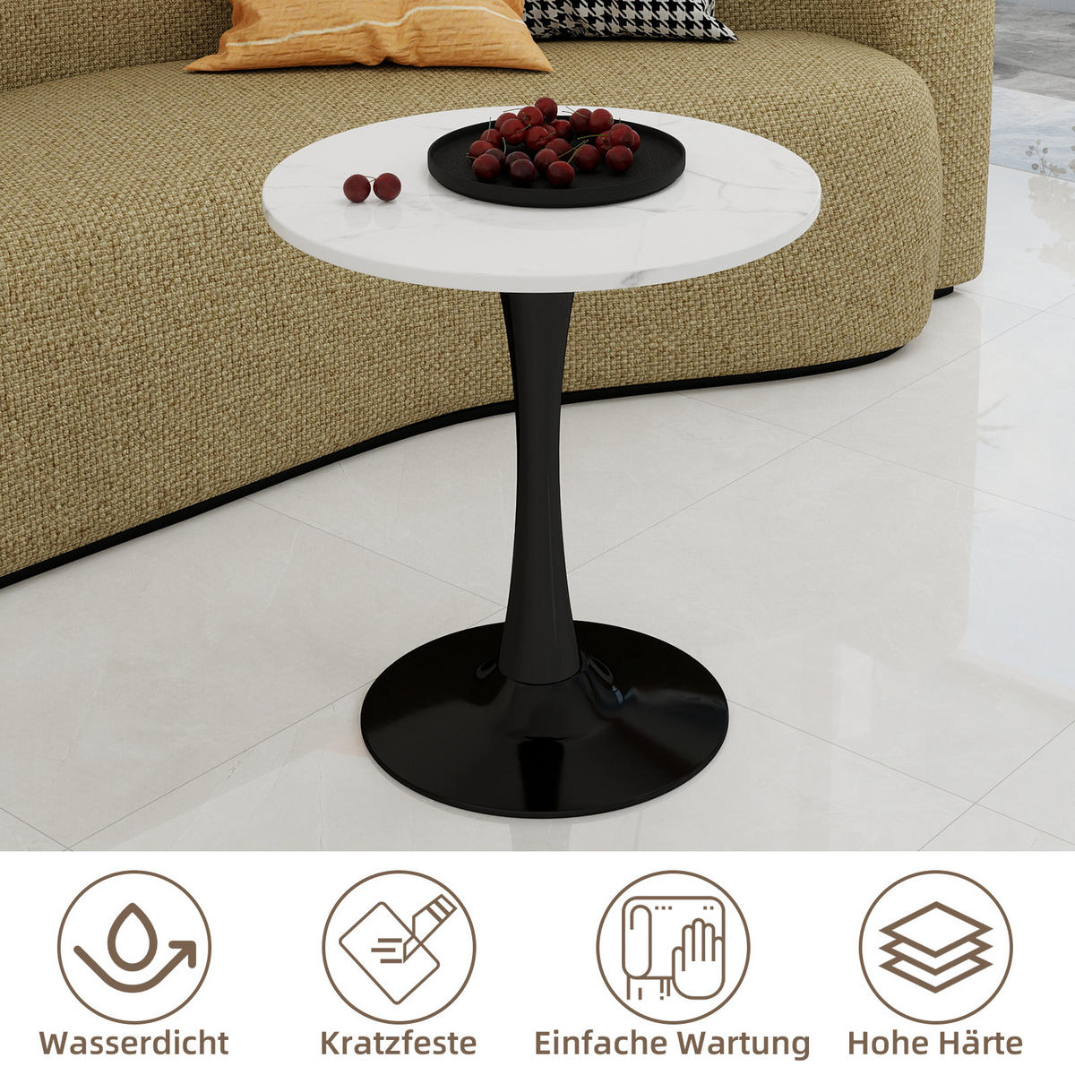 COUCHTISCH 70 cm in Schwarz/Weiß aus Kunstmarmor, rund und modern - Weiß, Stein (70/70/72cm) - Flora Grace