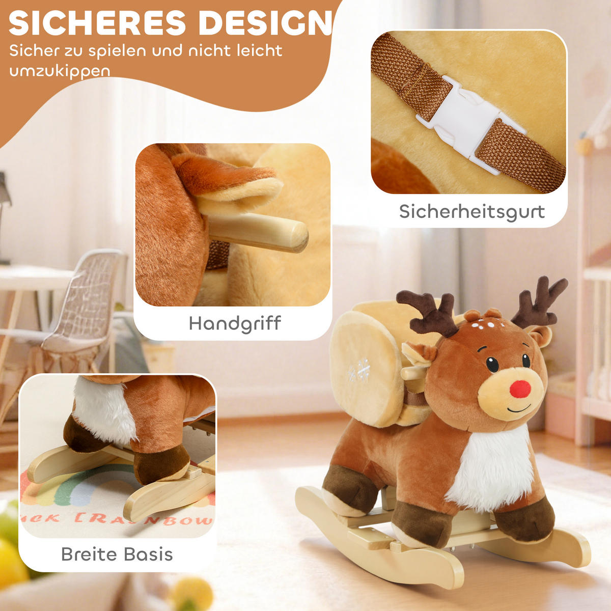 KINDER-SCHAUKELPFERD Rentier mit Schlafliedern Plüsch Braun - Braun, Textil (35/59/65cm) - AIYAPLAY