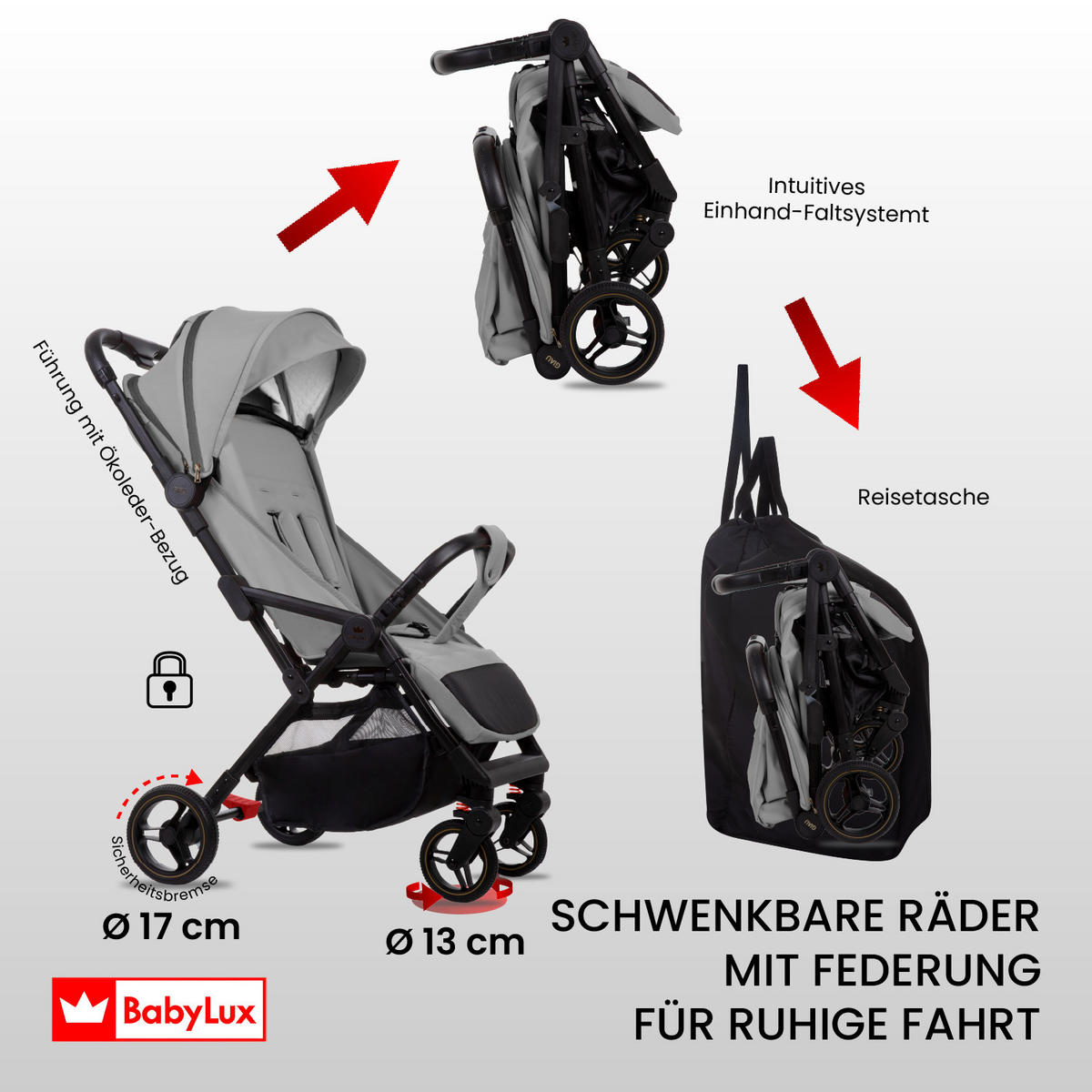 BUGGY Giau, Klein und Leicht, Teleskopische Führung, Kompakt Faltbar, Wickeltasche, Reisetasche - Schwarz/Grau, Textil/Metall (58/98cm) - BabyLux