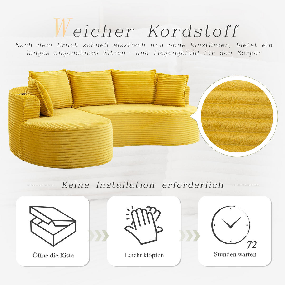 ECKSOFA Cord Senfgelb mit Getränkehaltern, Seitentaschen und Kissen - Gelb, Textil (250/152cm) - WISHDOR