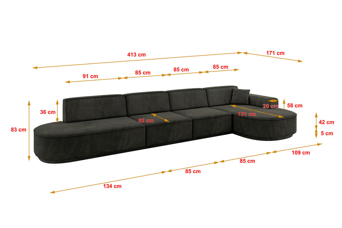 ECKSOFA Ottomane Rechts MARI-L3-v3 - 413x171x83 cm Schwarz Velours - Schwarz, Holzwerkstoff/Kunststoff (171/413cm) - ALTDECOR