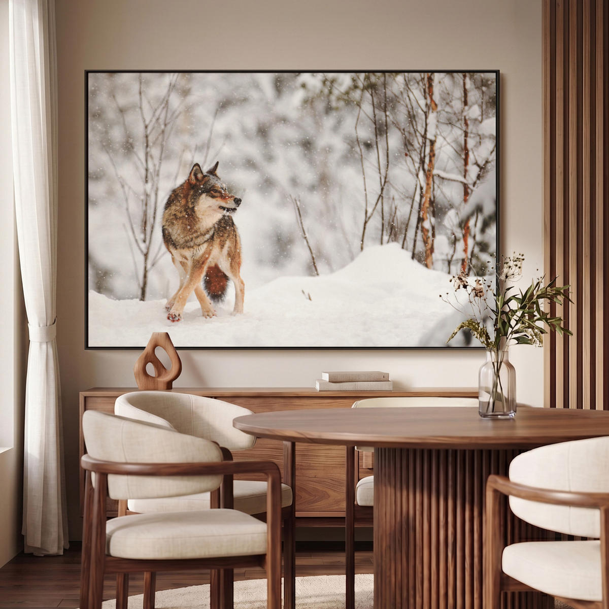 LEINWAND Bilder mit Rahmen - Wolf - Winter - Schnee - Natur - Tiere - 120x80 - Haselnussfarben, Textil (120/80cm) - MuchoWow