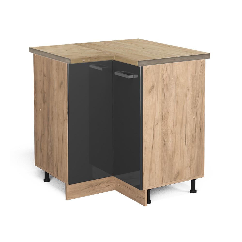 ECKUNTERSCHRANK R-Line Anthrazit Hochglanz 75.6 cm, AP Eiche - Honigeiche/Schwarz Hochglanz, Holzwerkstoff (75.6/81.6/60cm) - Vicco