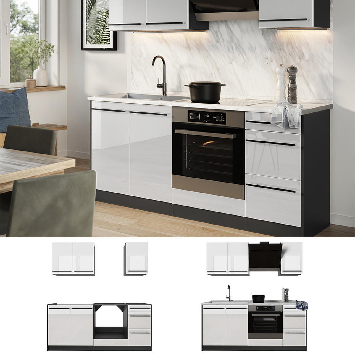 SINGLEKÜCHE R-Line, Weiß Hochglanz/Anthrazit, 180 cm ohne Arbeitsplatte - Weiß Hochglanz/Anthrazit, Holzwerkstoff (180/206.8/46cm) - Vicco
