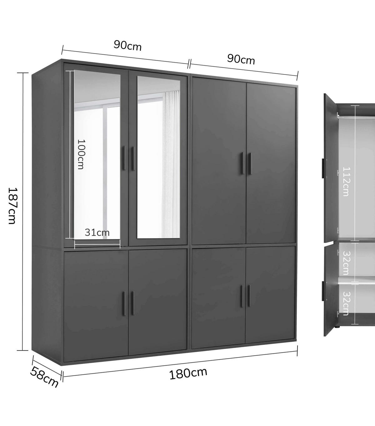 KLEIDERSCHRANK mit Spiegel Der Grenzenlose - Anthrazit, Holzwerkstoff (180/187/58cm) - Mokebo