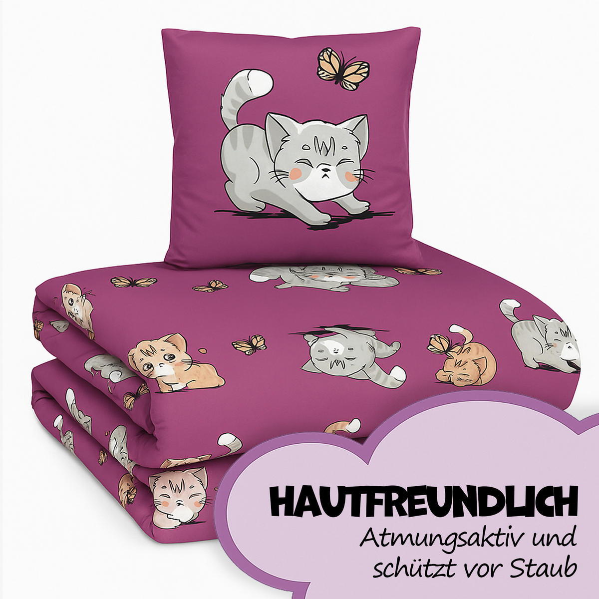 BETTWÄSCHE 2 tlg. mit Motiv 135x200 cm Katze - Lila, Textil (135/200cm) - Bestlivings
