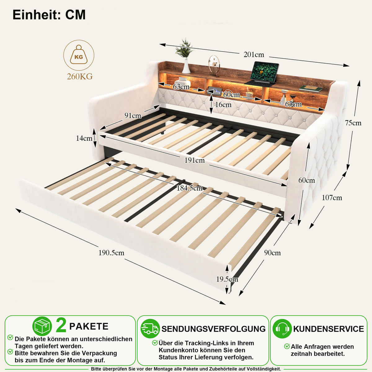 ROZKLÁDACÍ POHOVKA 90/190 cm v béžové barvě se sametem, LED, USB-C a policí - béžová, kov/kompozitní dřevo (90/190cm) - CHICFURN