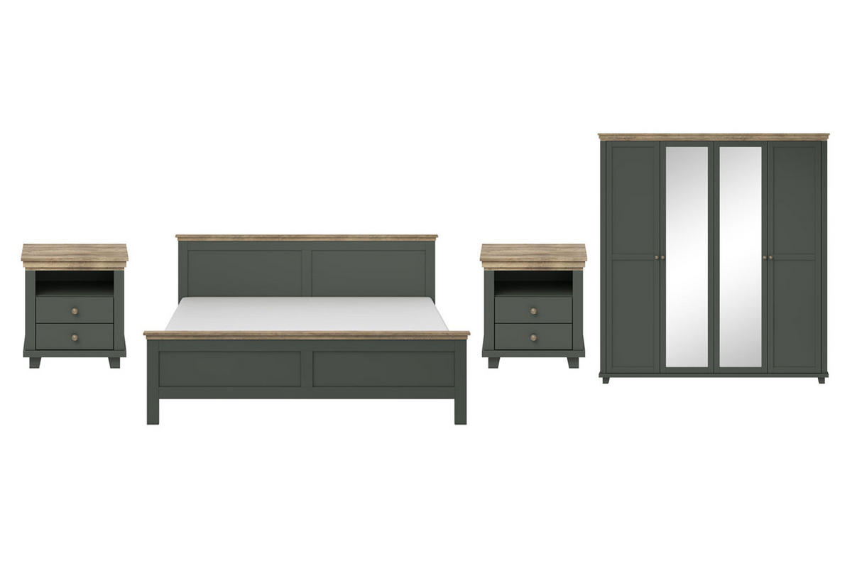 SCHLAFZIMMER-SET Evora grün / Eiche Lefkas 4-teilig - Braun/Grün, Holz/Holzwerkstoff (160/200cm) - Feldmann-Wohnen