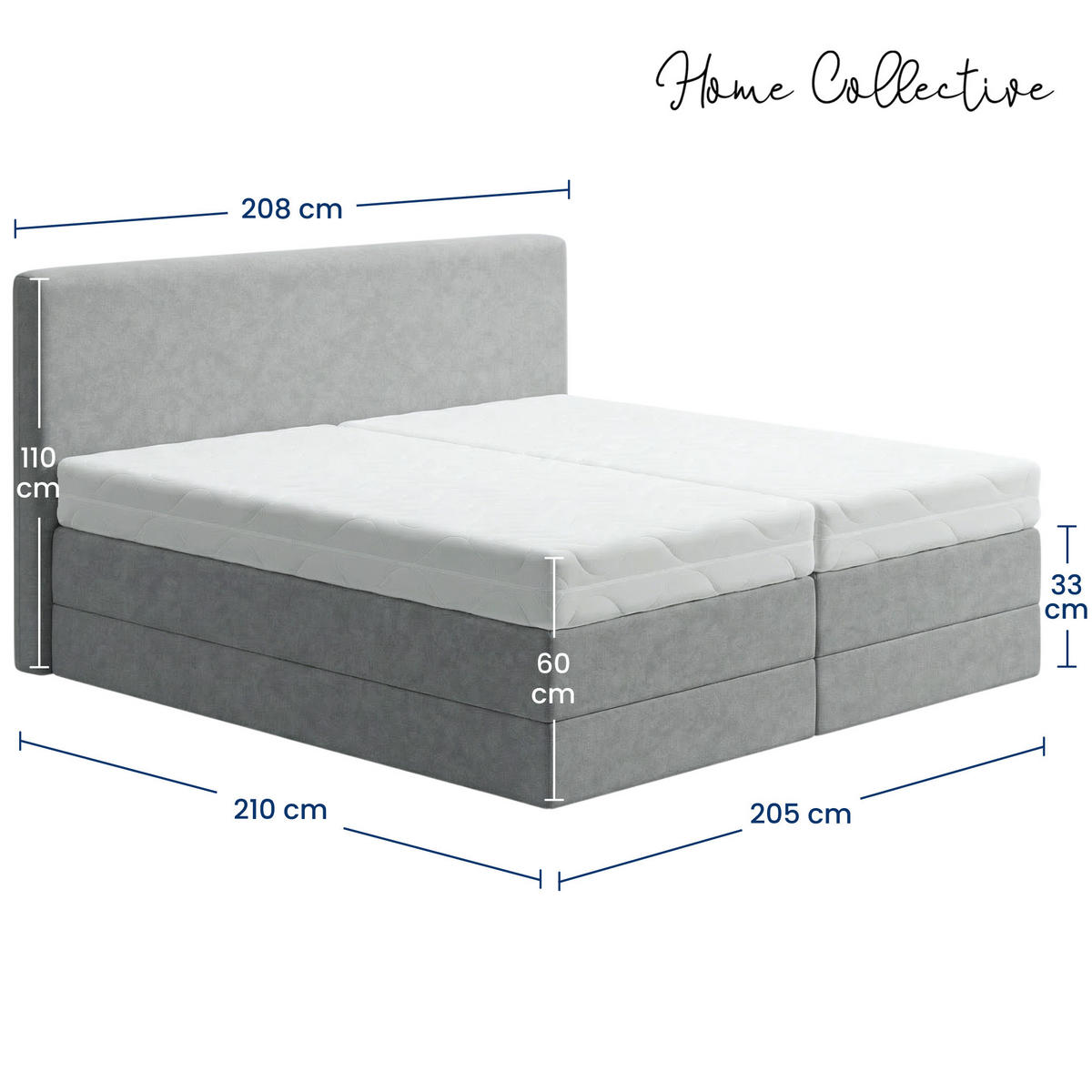 BOXSPRINGBETT mit Bonnell Matratze, mit Kopfteil, 200 x 200 cm, in Grau - Grau, Naturmaterialen (200/200cm) - Home Collective