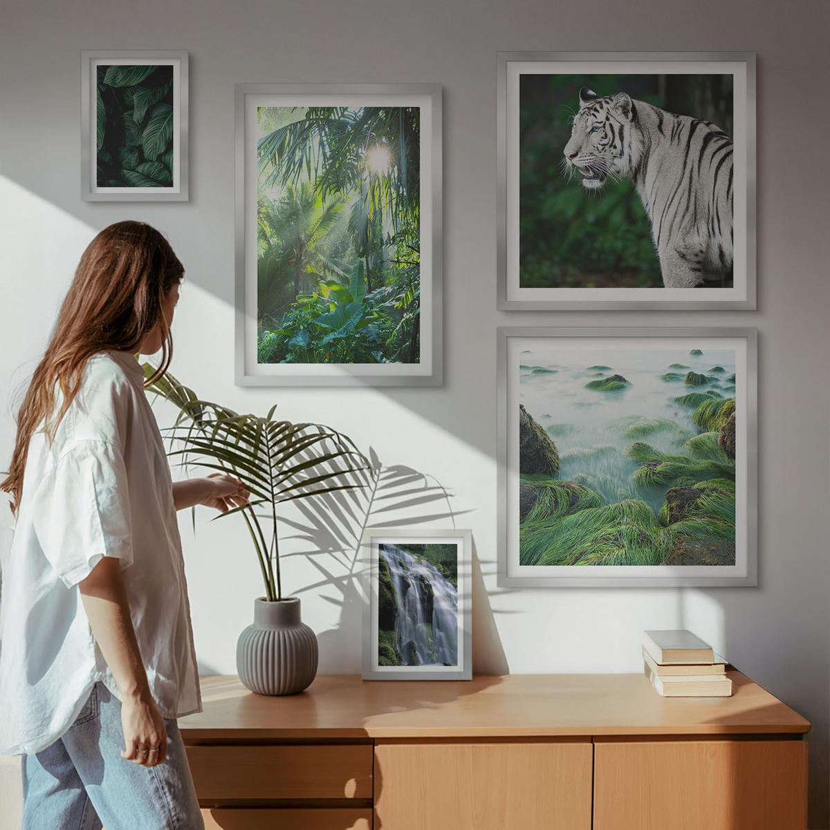 WANDBILDER 5er Set - 50x50 cm & 20x30 cm & 40x60 cm Silberner Rahmen - Blätter und Blüten in verschiedenen Farben - Silberfarben, Kunststoff (40/60cm) - ArtPrintCave