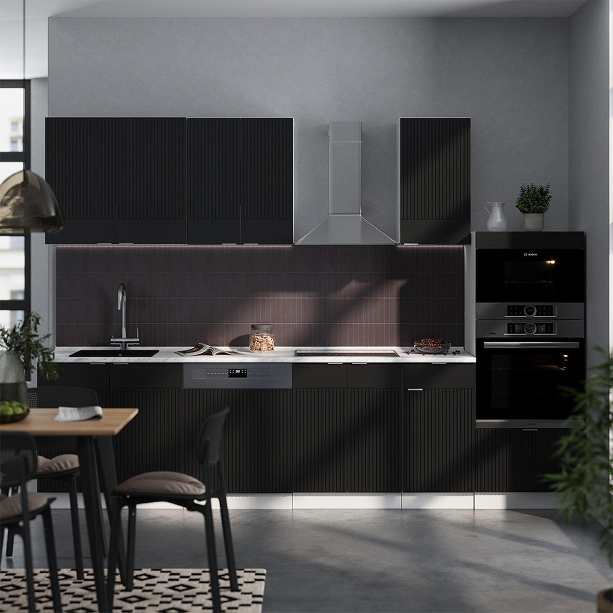 KÜCHENZEILE Fame-Line, Schwarz gestreift/Weiß, 300 cm mit Hochschrank, AP Anthrazit - Schwarz/Weiß, Holzwerkstoff (300/81.6/60cm) - Vicco