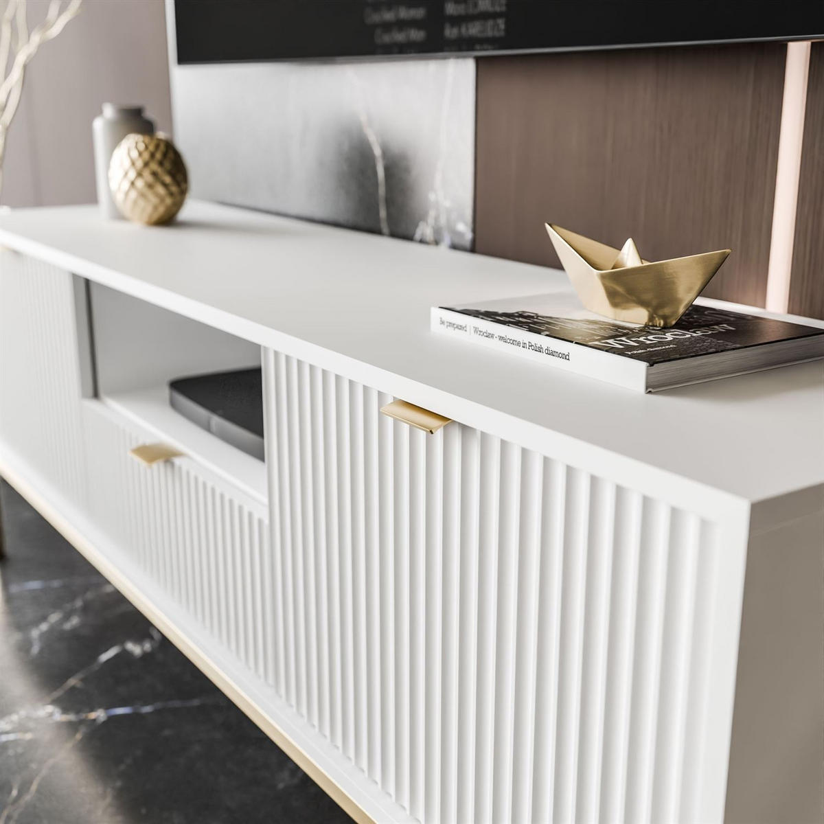 TV-ELEMENT CORTADO GOLD RTV154 WEISS - Weiß, Holzwerkstoff (154/56/39cm) - Lookway