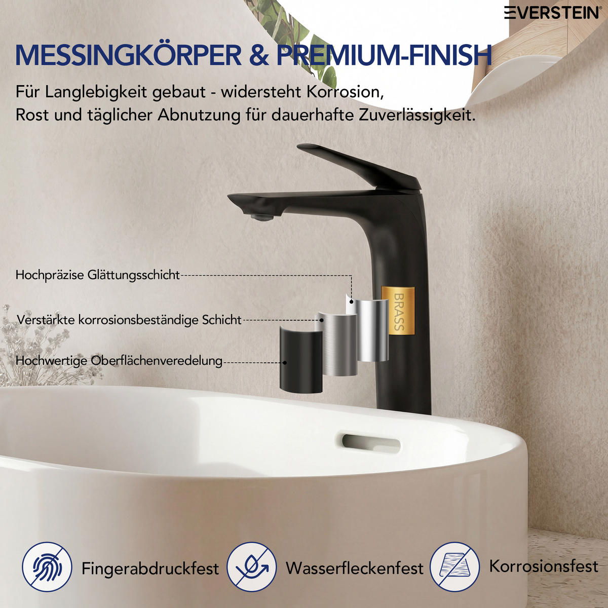 WASCHTISCHARMATUR Schwarz Matt, Hoch, Aufsatzwaschbecken, Einhebelmischer, Softline - Schwarz, Metall (4.6/30.2/20cm) - Everstein