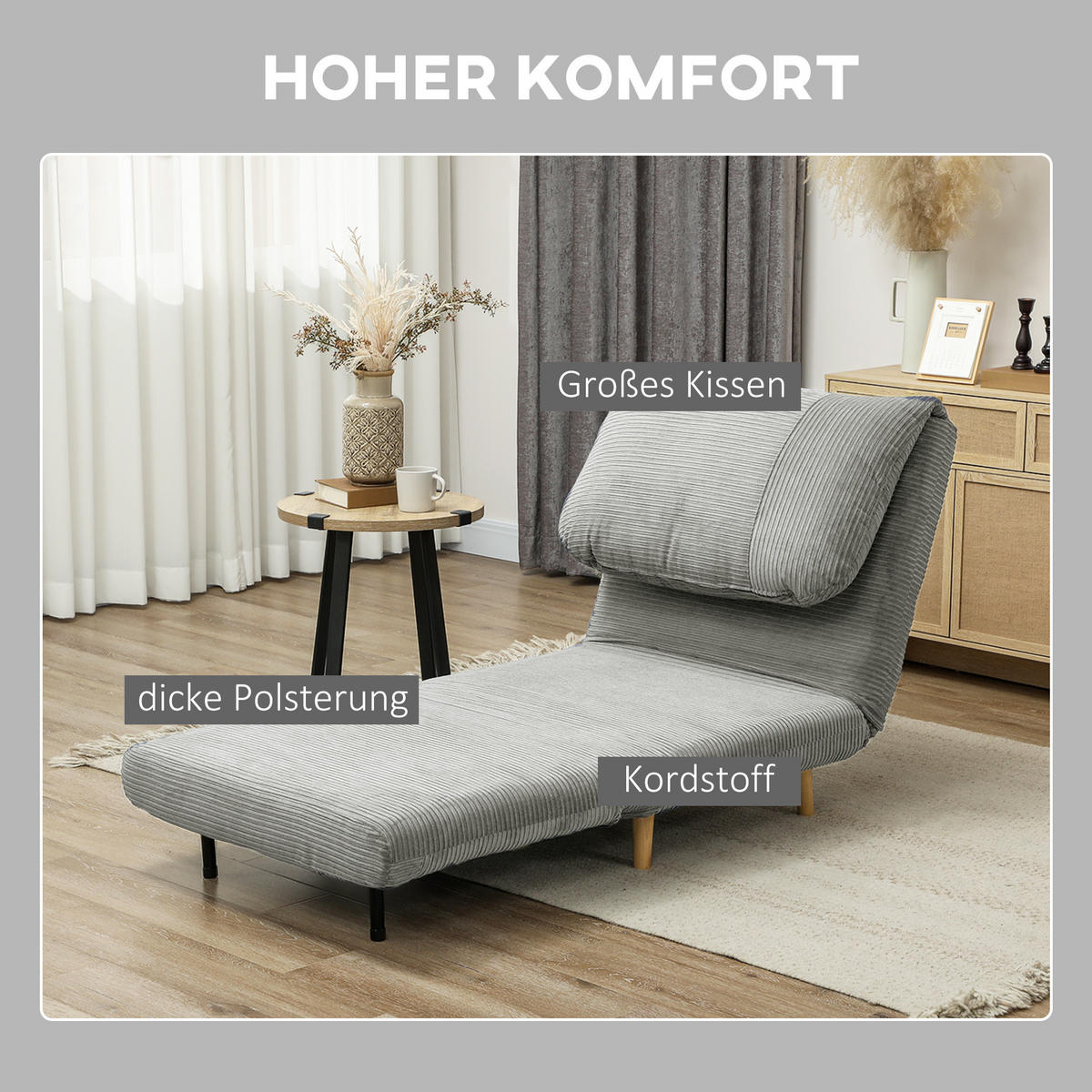 2-IN-1 Schlafsofa Schlafsessel Klappmatratze Gästebett Klappbett Grau - Naturfarben/Grau, Holz/Textil (89/83/82cm) - HOMCOM
