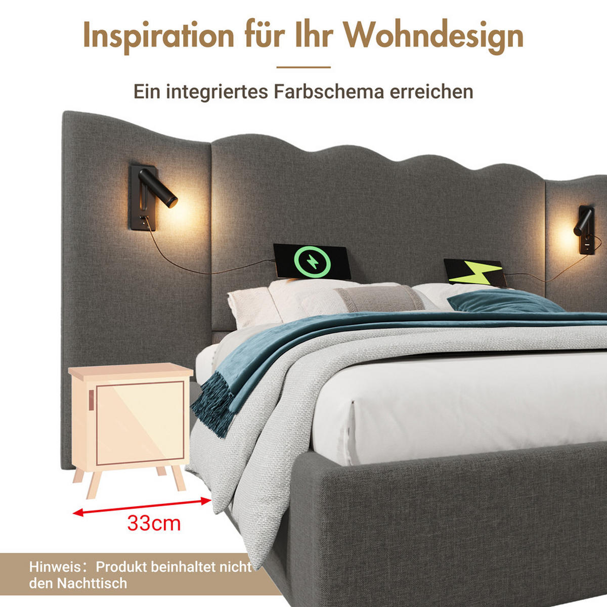 POLSTERBETT 160x200cm Doppelbett Leselampe USB-C Stauraum Grau Leinen - Grau, Holz - FLIEKS