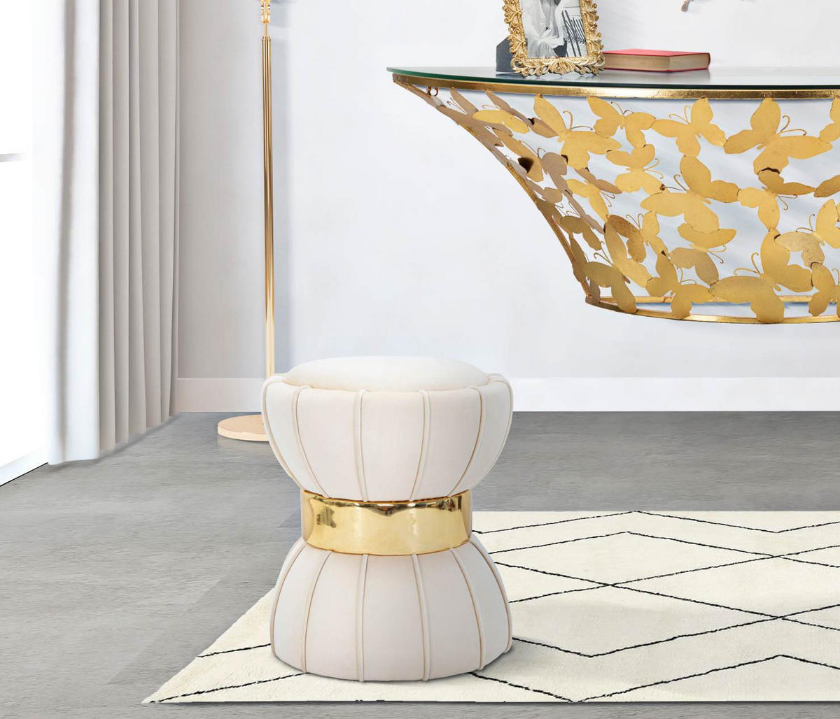 VELOURS-HOCKER mit goldenem Detail 40/40/44 cm - Beige, Textil (40/44/40cm) - Mauro Ferretti