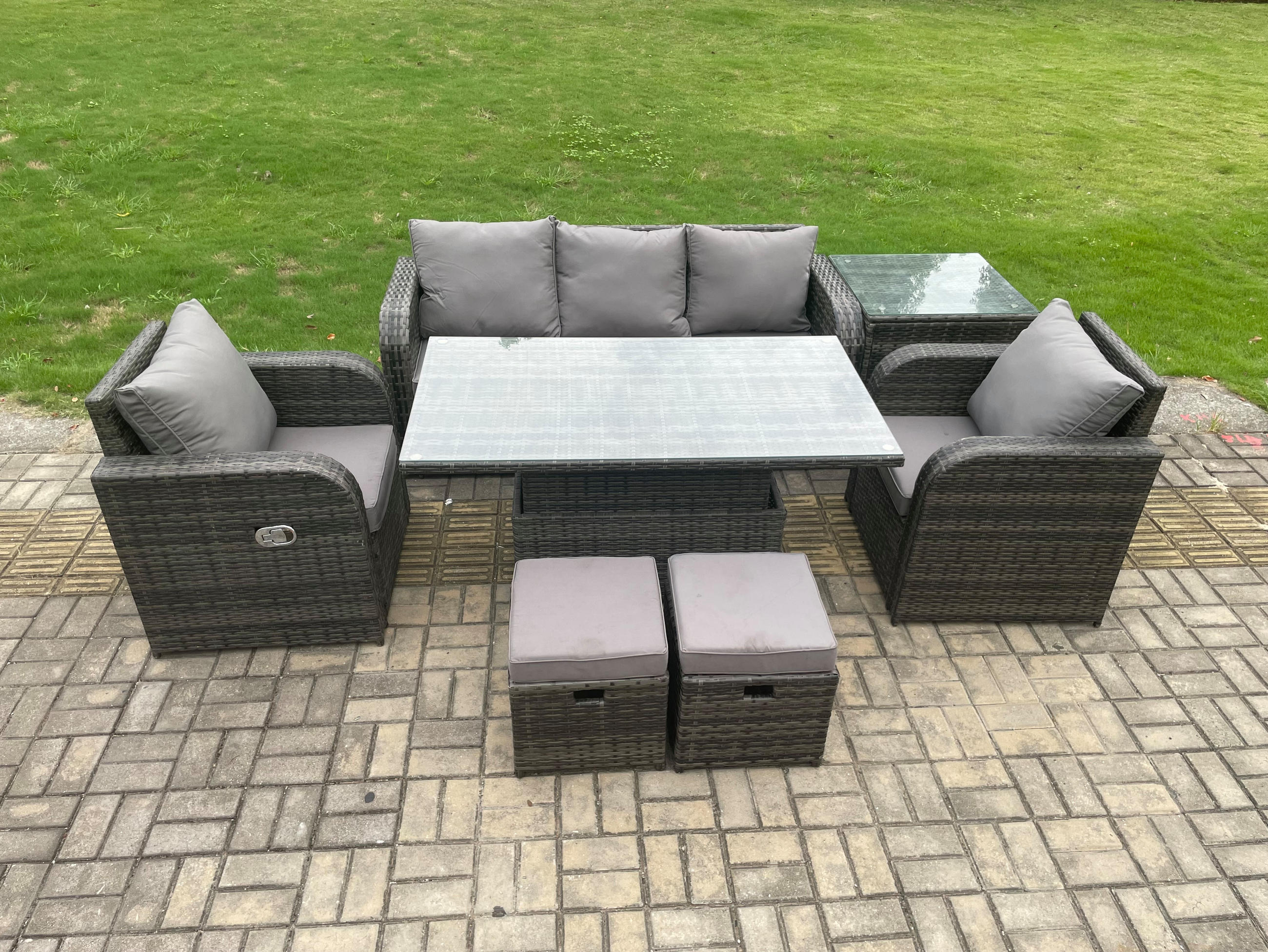 LOUNGESOFA Polyrattan 7-Sitzer - Dunkelgrau/Grau, Glas/Kunststoff - Fimous
