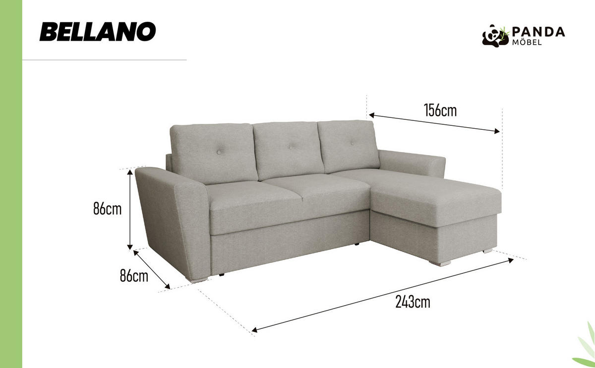 ECKSOFA Bellano Ecksofa L-Form- links oder rechts montierbar, hellgrau - Hellgrau, Holz (243/156cm) - Panda Möbel