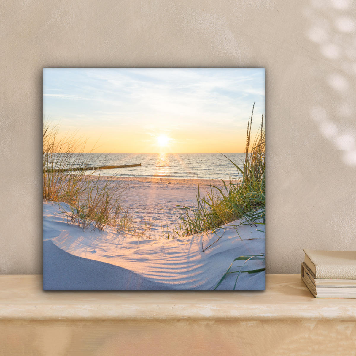 LEINWANDBILD Strand - Sonne - Düne - Gras - Sand - Horizont 20x20 cm - Hellblau, Textil (20/20cm) - MuchoWow