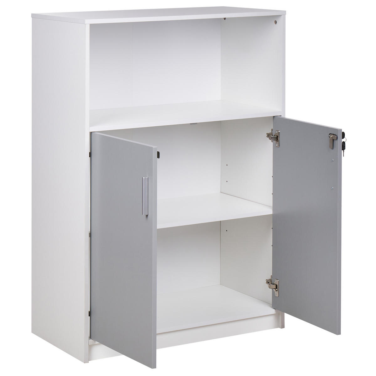 AKTENSCHRANK hellgrau/weiß 117 cm 2 Türen offenes Ablagefach Zehna - Weiß/Grau, Holzwerkstoff (80/117/40cm) - Beliani