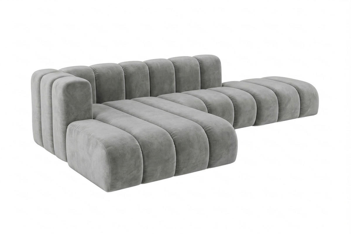 ECKSOFA Modulares In L-Form Mit Hocker, Velvet-Stoff Riviera, Grau, Links, GRAND Mini - Grau, Holz (295/179cm) - Kaiser Möbel