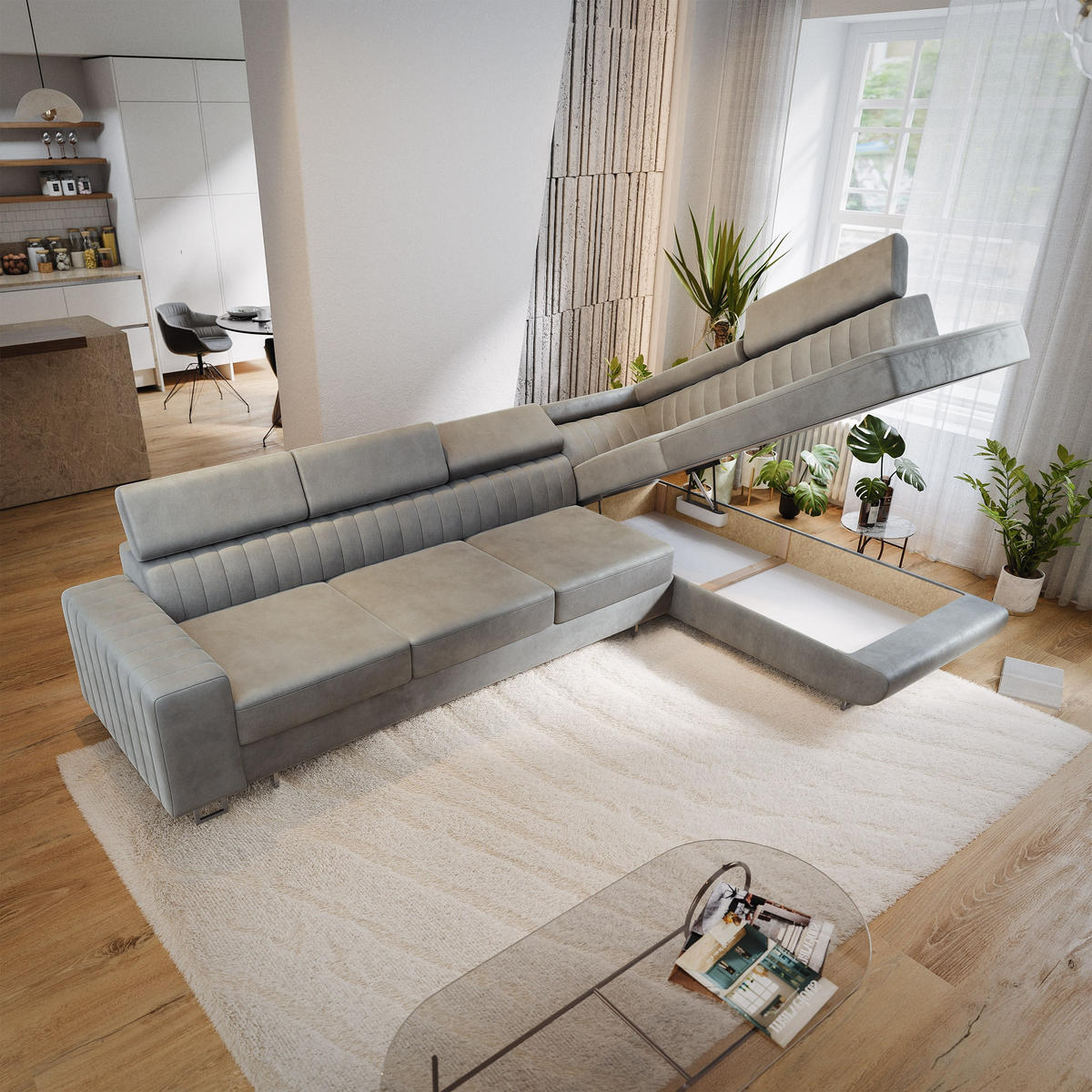 ECKSOFA HESTION Hellgrau Velours-Stoff mit Schlaffunktion - Hellgrau, Holz (332/190cm) - MASSENO