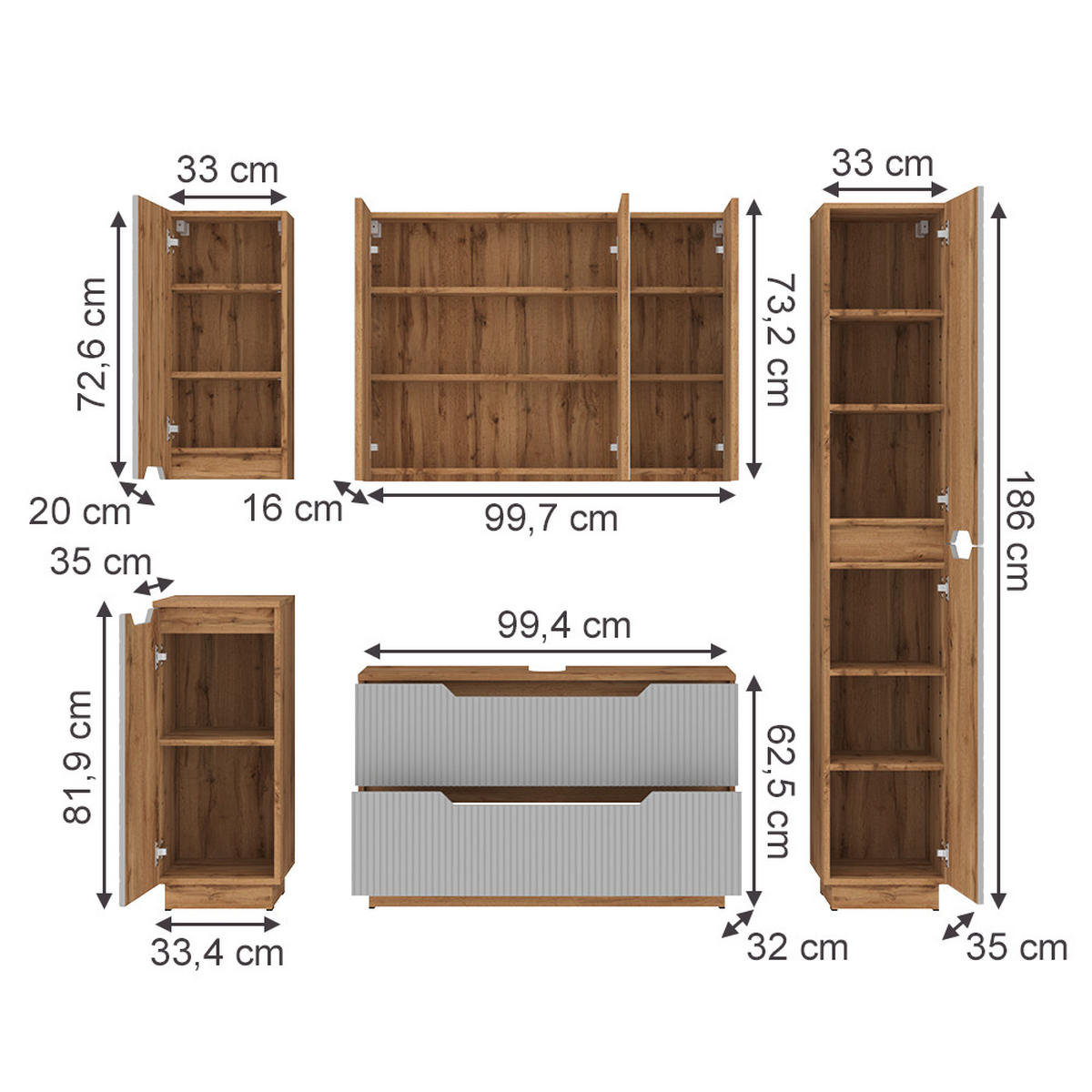 KOUPELNOVÝ NÁBYTEK Lotta Dubový/šedý pruhovaný - šedá, kompozitní dřevo (99.4/62.5/32cm) - Vicco
