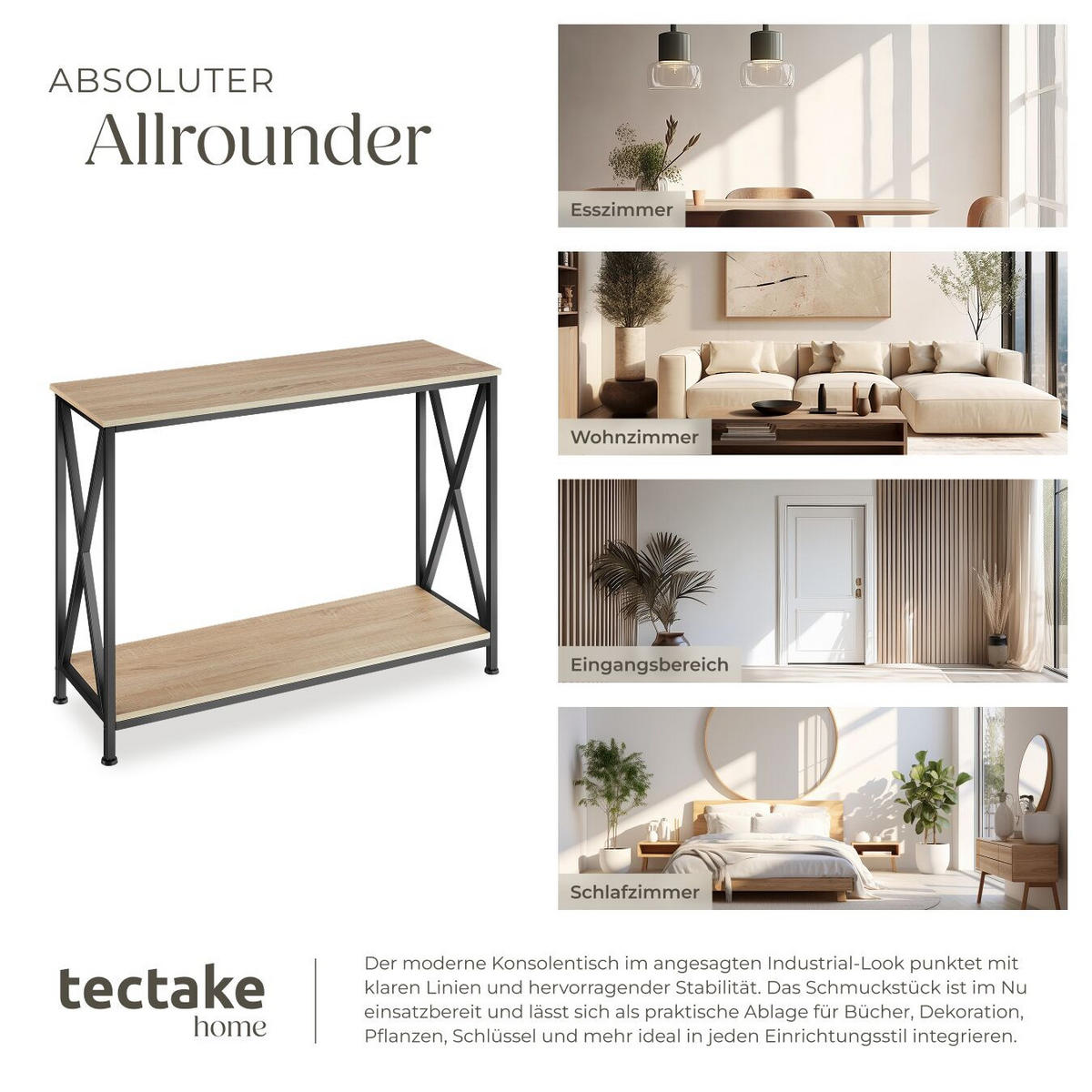 KONSOLENTISCH Tacoma,100 x 35 x 80,5 cm,Industrial Holz hell, Eiche Sonoma - Naturfarben, Holzwerkstoff (100/35/80.5cm) - tectake