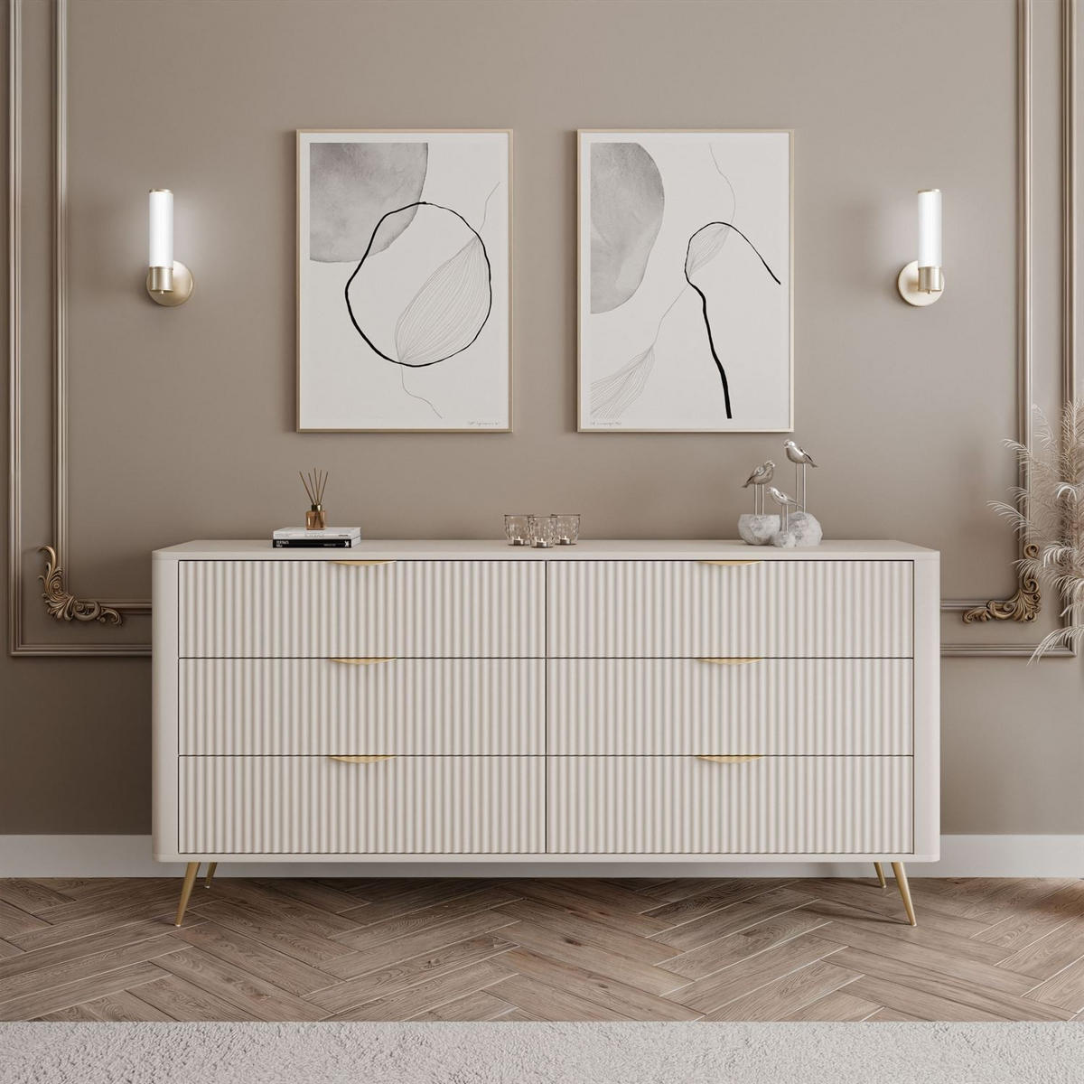 SIDEBOARD SCARLETT 6S MIT SCHUBLADEN BEIGE + GOLD - Beige, Holzwerkstoff (163/81/38cm) - Lookway