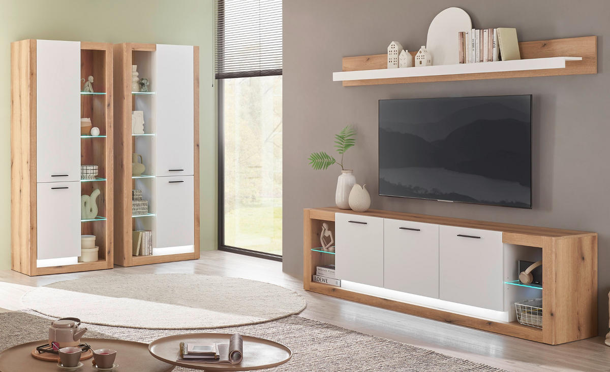 WOHNWAND weiß matt, Evoke Eiche, Wohnkombination Set 4-teilig 398 cm - Eichefarben/Silberfarben, Glas/Holzwerkstoff (398/195/43cm) - Furn.Design