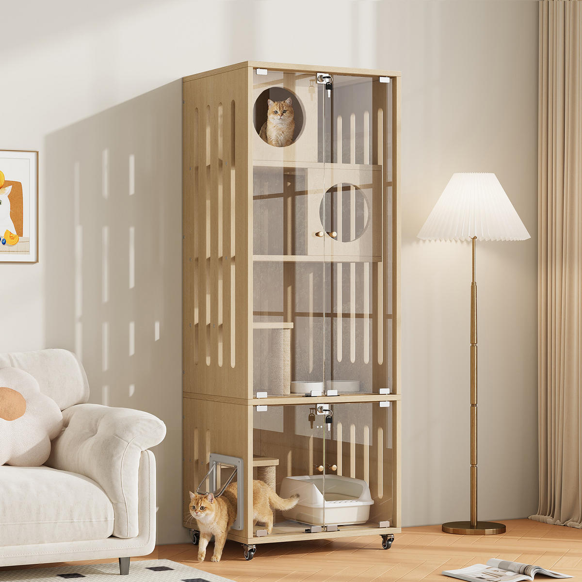 VITRINE Naturfarben 60×50×156 cm aus MDF und Glas mit abschließbarer Glastür, Klappe und Feststellrollen - Naturfarben, Holzwerkstoff (60/156/50cm) - Luhomfu