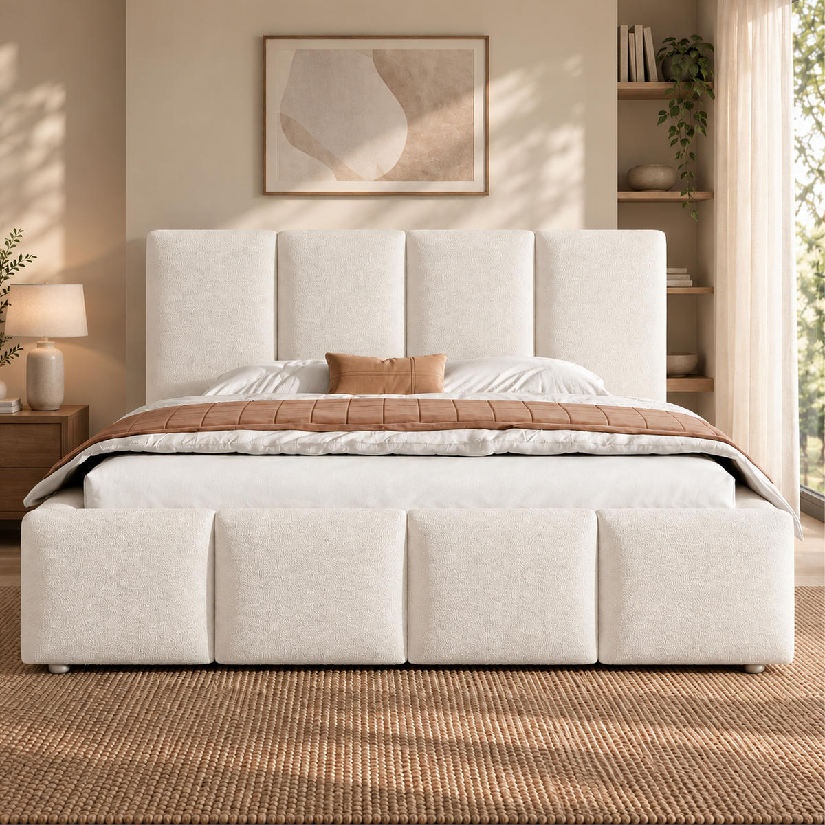 POLSTERBETT mit Bouclé-Bezug 160x200 cm Weiß mit hydraulischem Bettkasten und Lattenrost - Weiß, Textil (160/200cm) - Modfu