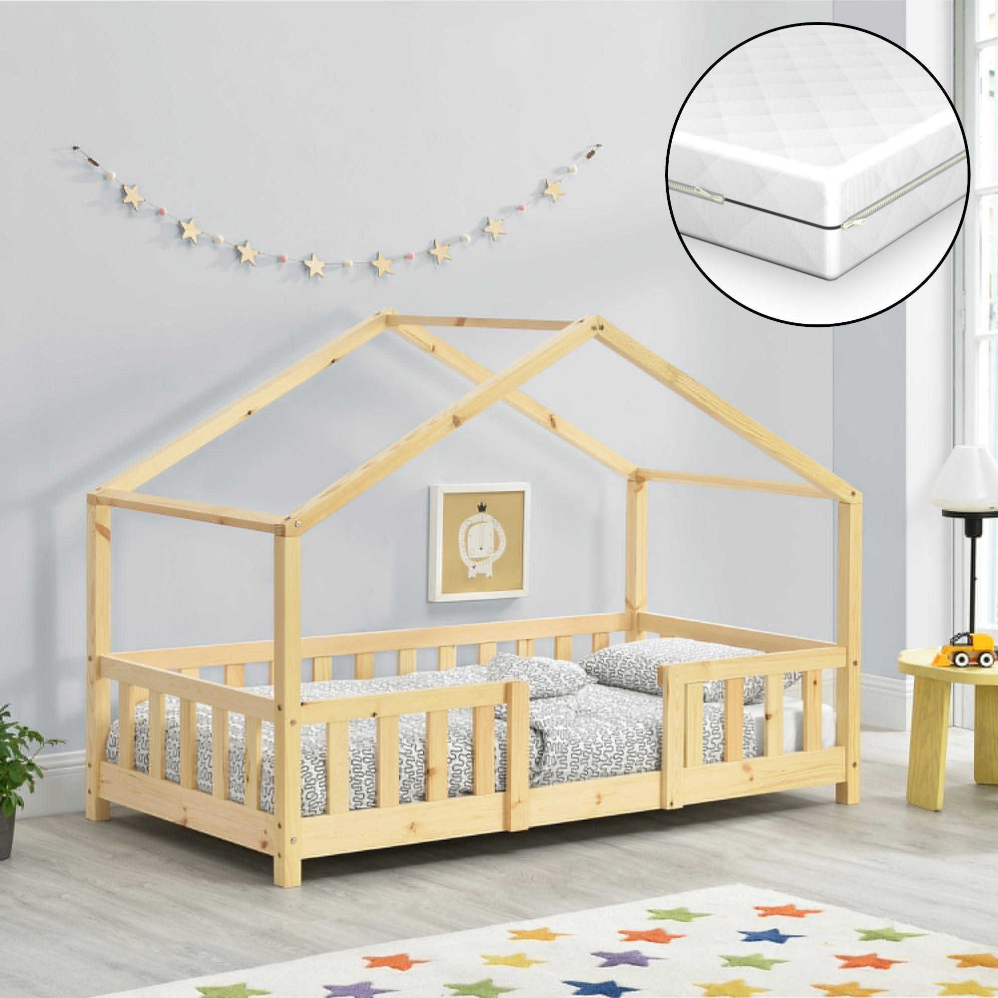 HAUSBETT Treviolo mit Matratze - Naturfarben, Holz/Textil (70/140cm) - [en.casa]