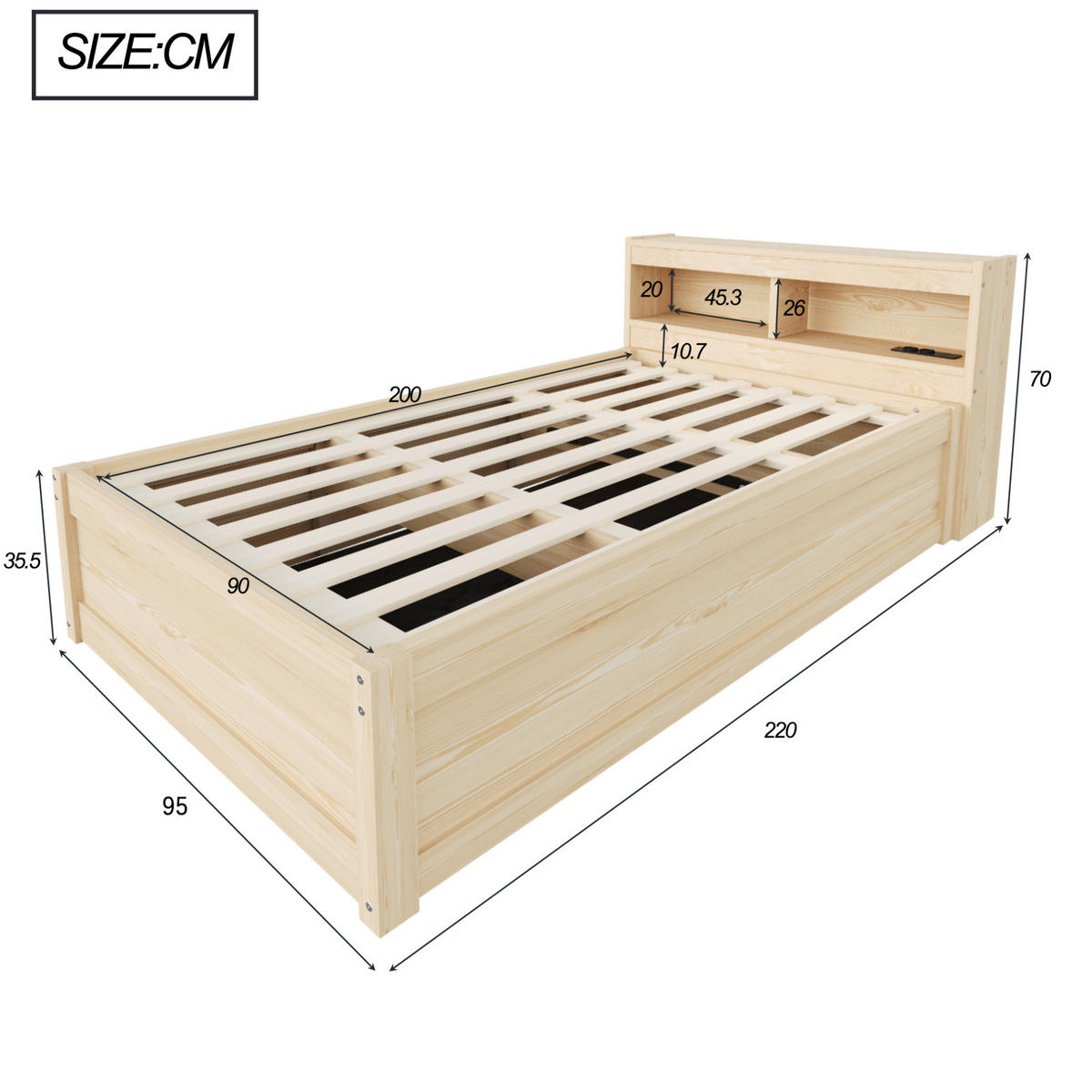 BETT 90/200 cm aus MDF mit LED-Lichtleiste, Holzfarbe - Eichefarben, Holzwerkstoff (90/200cm) - OKMYHOME