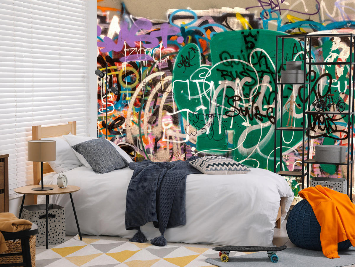 FOTOTAPETE für Jugendzimmer Straßenkunst Buntes Graffiti Urban 200x140 - Beige/Violett, Papier (200/140cm) - Muralo