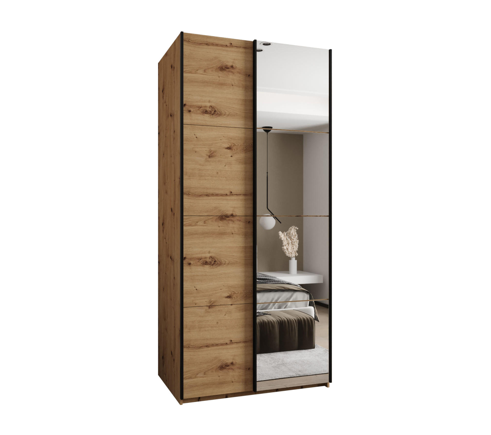 Abiks Möbel SCHWEBETÜRENSCHRANK Eiche Artisan, Eiche Artisan, Schwarz 100cm × 64cm × 245cm
