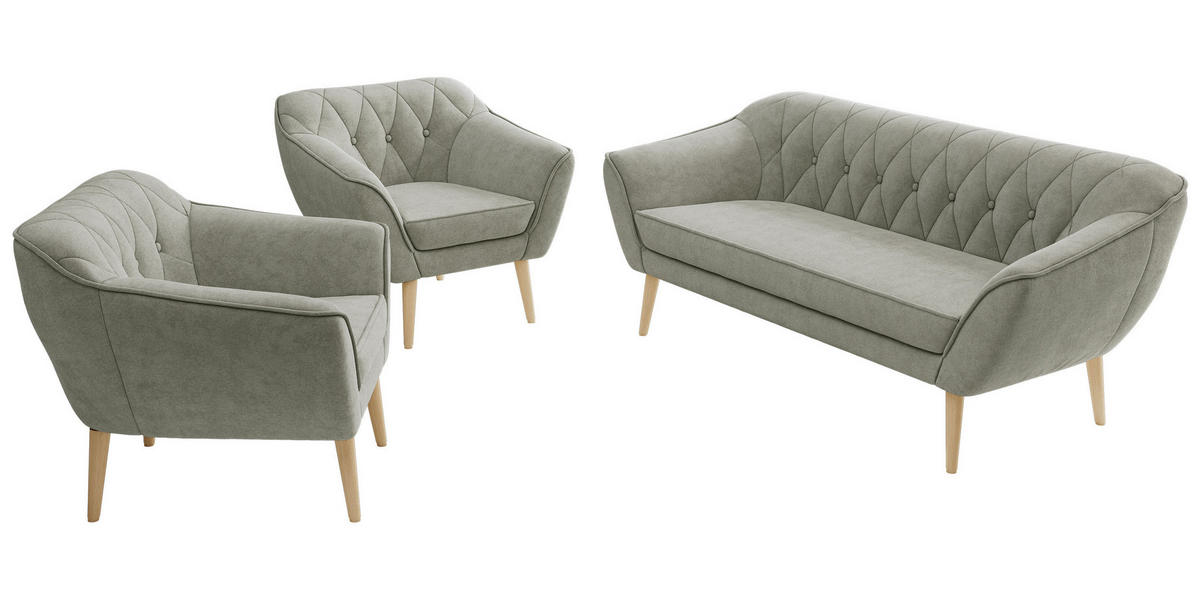 SEDACIA ZOSTAVA 3+1+1 PIRS - Svetlosivá Štruktúrovaná látka - Drevené nohy - farba buka/svetlosivá, kompozitné drevo/textil (180/75/74cm) - MKS