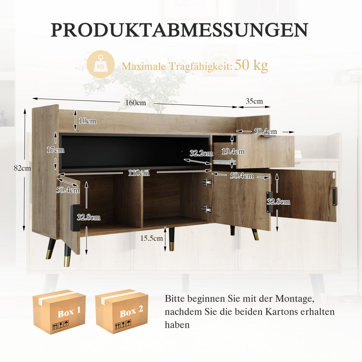 SIDEBOARD 160/35/82 cm naturfarben aus Holzwerkstoff mit LED, Schublade und Türen - Naturfarben, Holzwerkstoff (160/82/35cm) - OKWISH