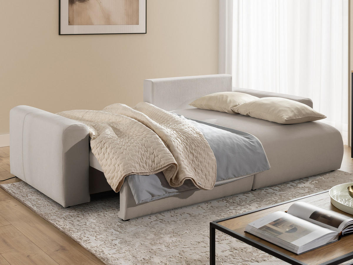 ECKSOFA Calma mit Schlaffunktion und Bettkasten im Bumpy-Design aus weichem Beige Webstoff - Ottomane rechts - Beige/Schwarz, Holz/Kunststoff (140/239cm) - S-Style