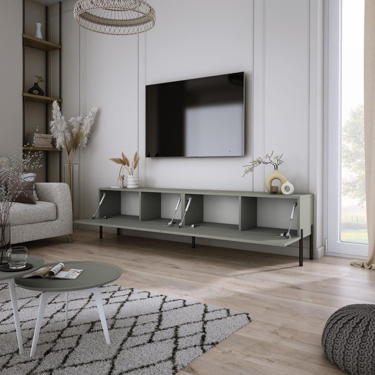 TV-SCHRANK : Aloe, 170 x 52 x 32 cm, schwarze Beine - Schwarz/Grün, Holzwerkstoff/Metall (170/52/32cm) - 3XE LIVING